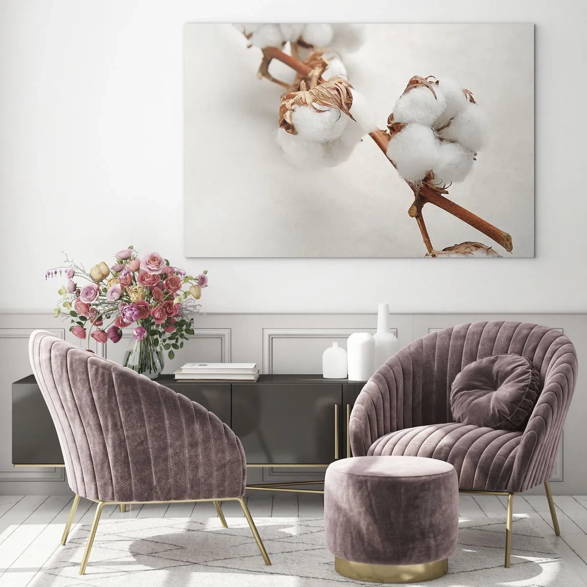 Obraz na skle - Detailný záber na bavlníkovú vetvu na svetlom pozadí - 70x50cm - Len objímať - Moderná nástenná dekorácia do obývacej izby a spálne ARTTOR