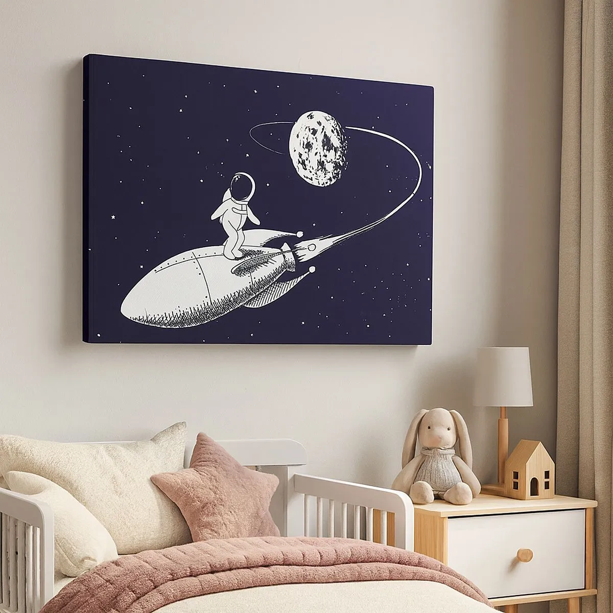 Obraz na plátne - Astronaut na rakete vo vesmíre - 70x50cm - Vesmírny surfista - Moderná nástenná dekorácia do obývacej izby a spálne ARTTOR