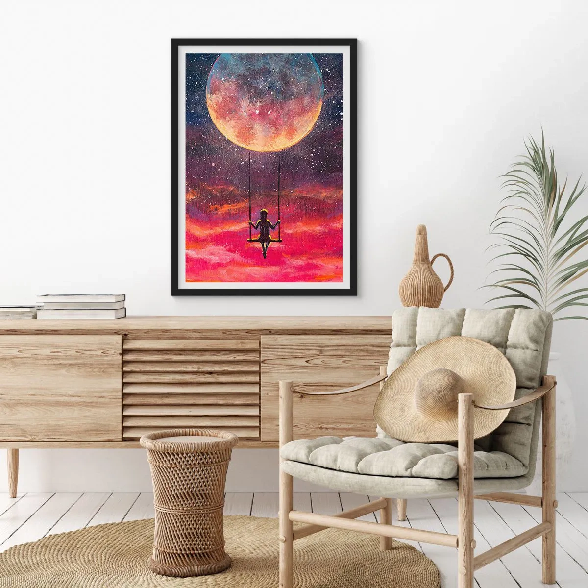 Plagát v čiernom ráme - Dievča na hojdačke pod splnom - 50x70cm - Stavať si vzdušné zámky - Moderná nástenná dekorácia do obývacej izby a spálne ARTTOR