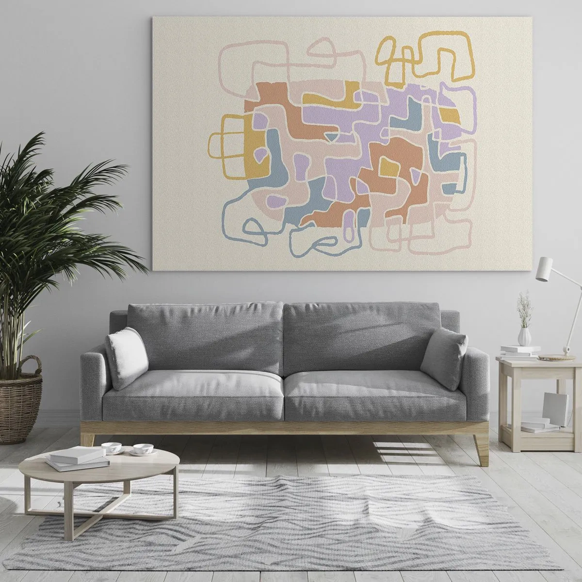 Obraz na skle - Farebné bludisko čiar na krémovom pozadí - 70x50cm - Labyrint – veselé dobrodružstvo - Moderná nástenná dekorácia do obývacej izby a spálne ARTTOR