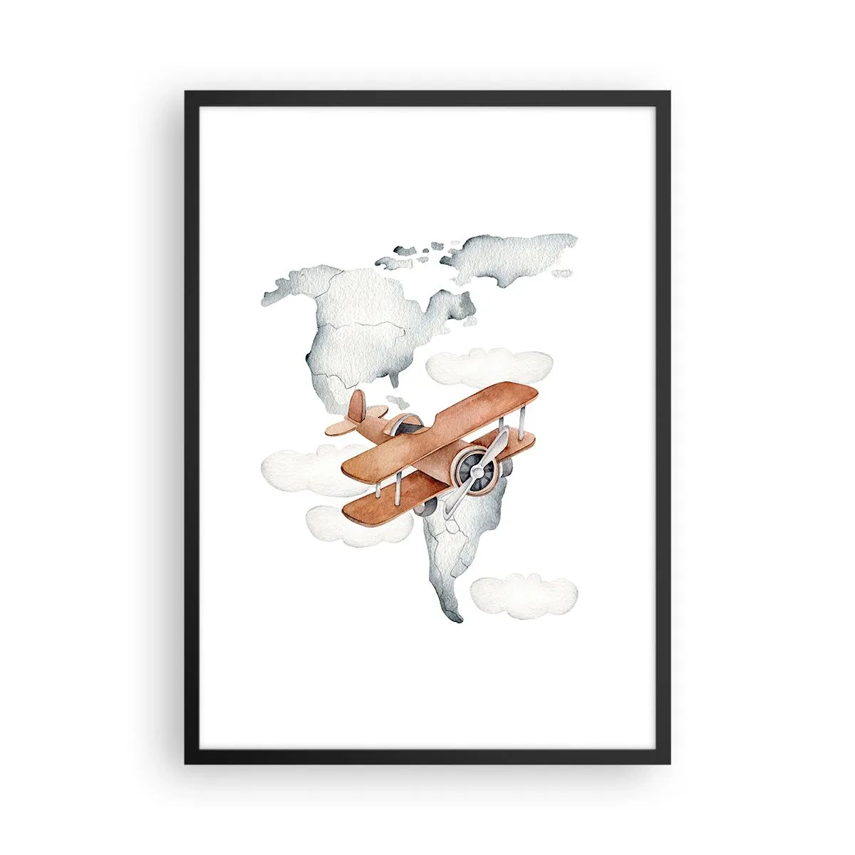 Plagát v čiernom ráme - Dvojplošník nad mapou sveta v oblakoch - 50x70cm - V priekopníckom duchu - Moderná nástenná dekorácia do obývacej izby a spálne ARTTOR