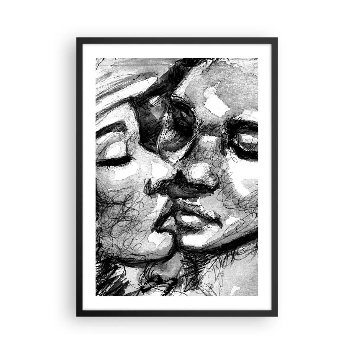 Plagát v čiernom ráme - Abstraktný čiernobiely portrét bozku - 50x70cm - Nežný okamih - Moderná nástenná dekorácia do obývacej izby a spálne ARTTOR