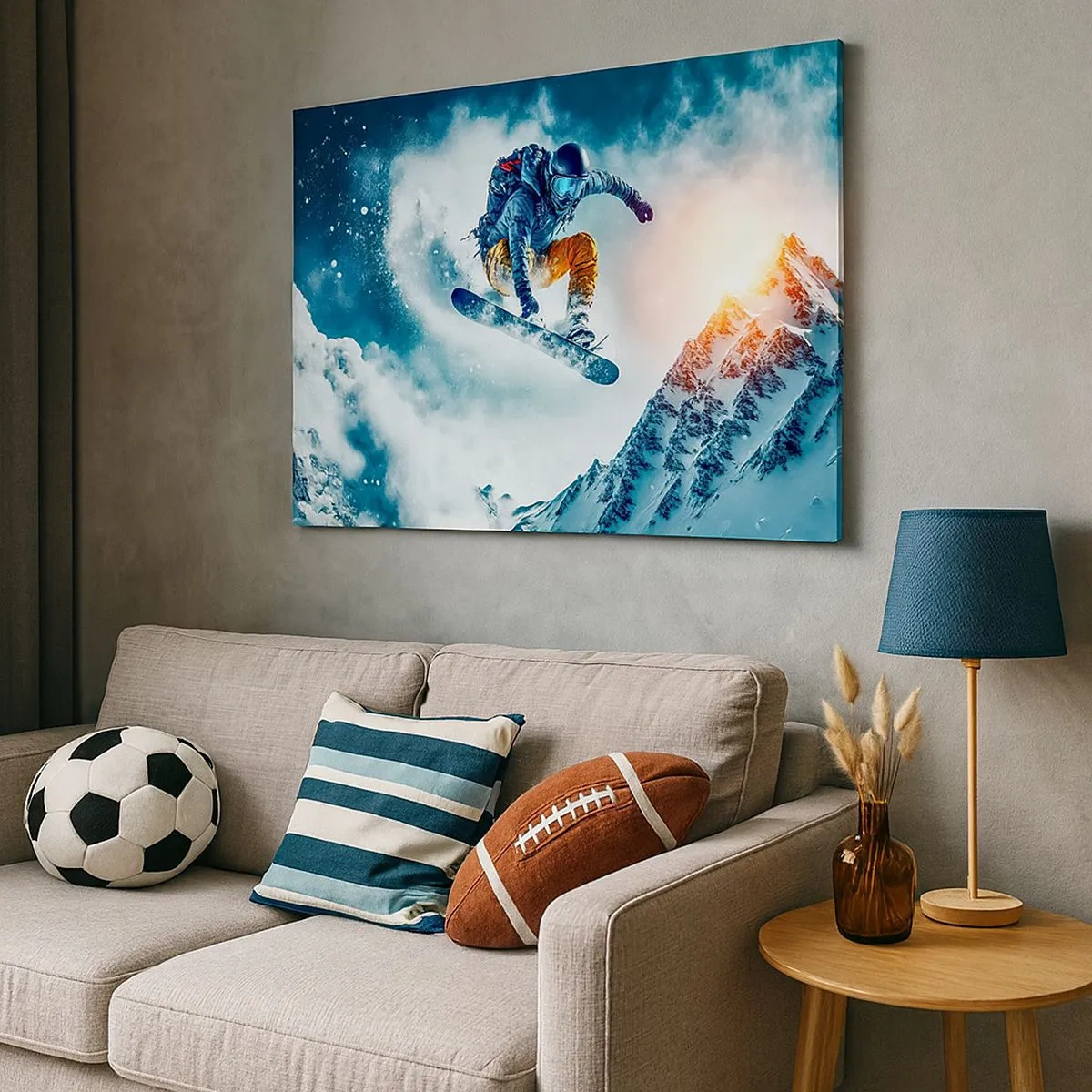 Obraz na plátne - Snowboardista letí nad zasneženými horami - 70x50cm - Extrémne emócie - Moderná nástenná dekorácia do obývacej izby a spálne ARTTOR