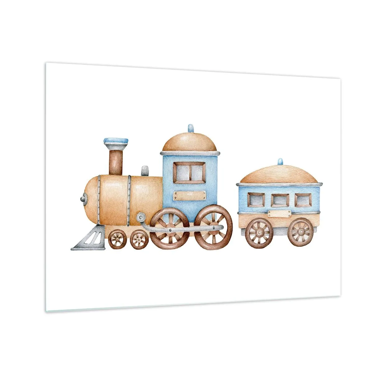 Obraz na skle - Ilustrácia parného vlaku v odtieňoch modrej a béžovej na bielom pozadí - 70x50cm - Na dráhe stojí… - Moderná nástenná dekorácia do obývacej izby a spálne ARTTOR