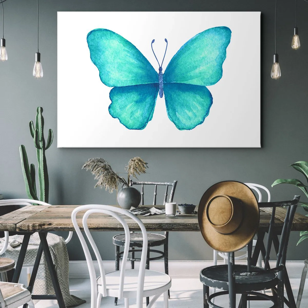 Obraz na plátne - Modrý motýľ v akvarelovom štýle na bielom pozadí - 70x50cm - Tyrkysový od prírody - Moderná nástenná dekorácia do obývacej izby a spálne ARTTOR