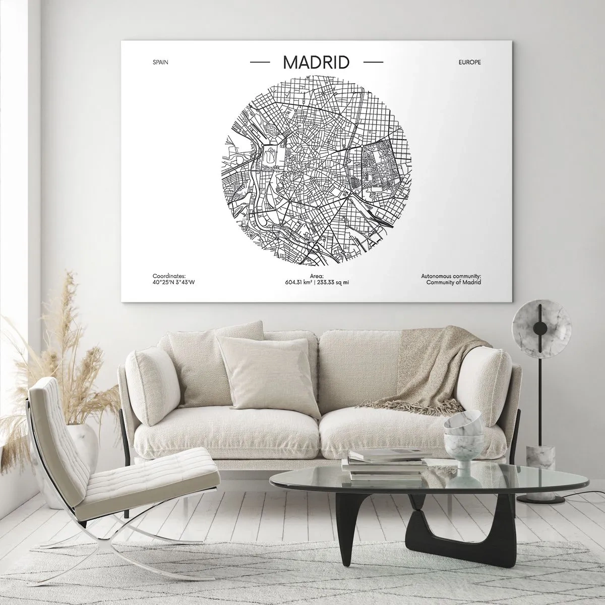 Obraz na skle - Čiernobiela minimalistická mapa Madridu v kruhovom tvare. - 70x50cm - Anatómia Madridu - Moderná nástenná dekorácia do obývacej izby a spálne ARTTOR