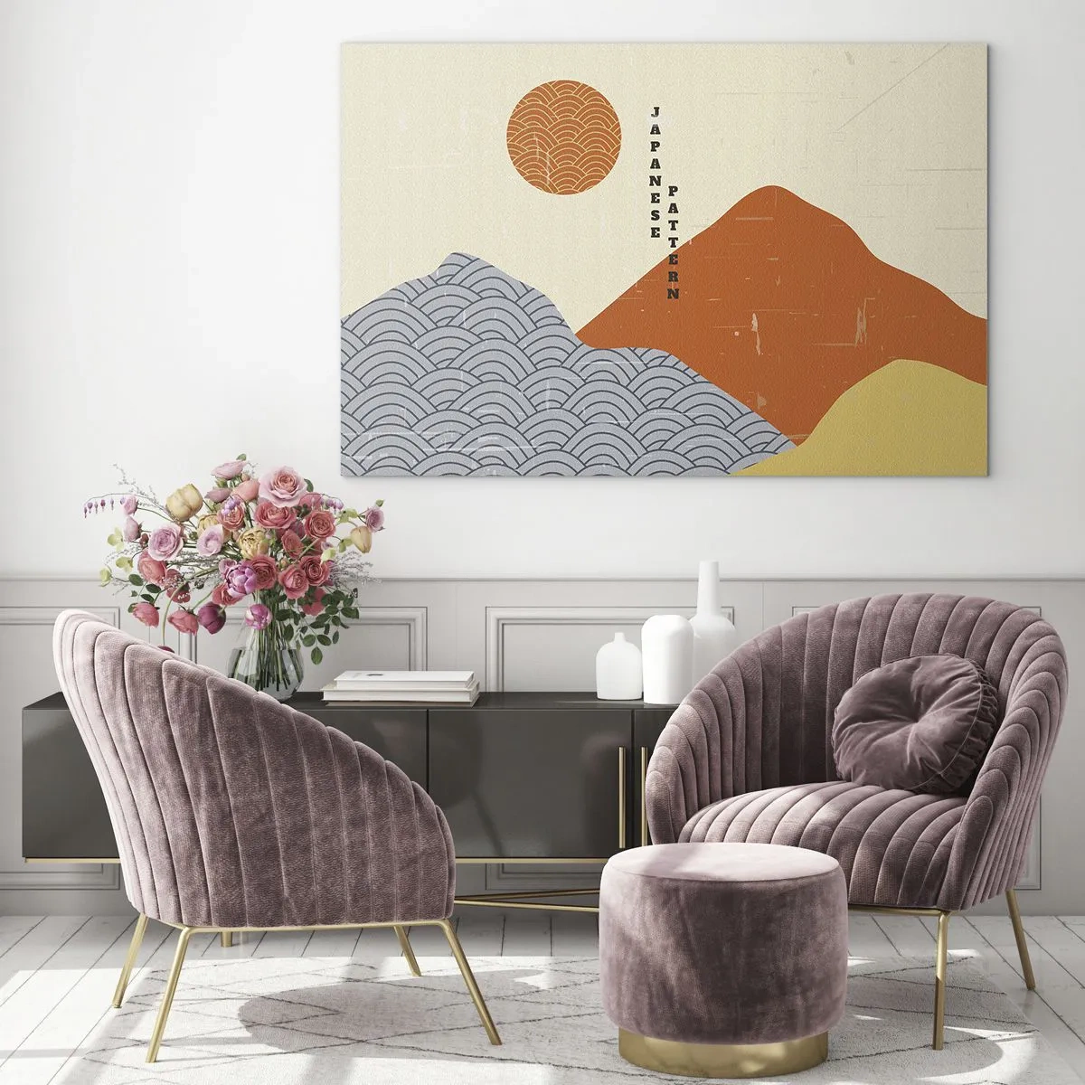 Obraz na skle - Grafika s japonskými vzormi hôr a slnka - 70x50cm - V japonskom duchu - Moderná nástenná dekorácia do obývacej izby a spálne ARTTOR