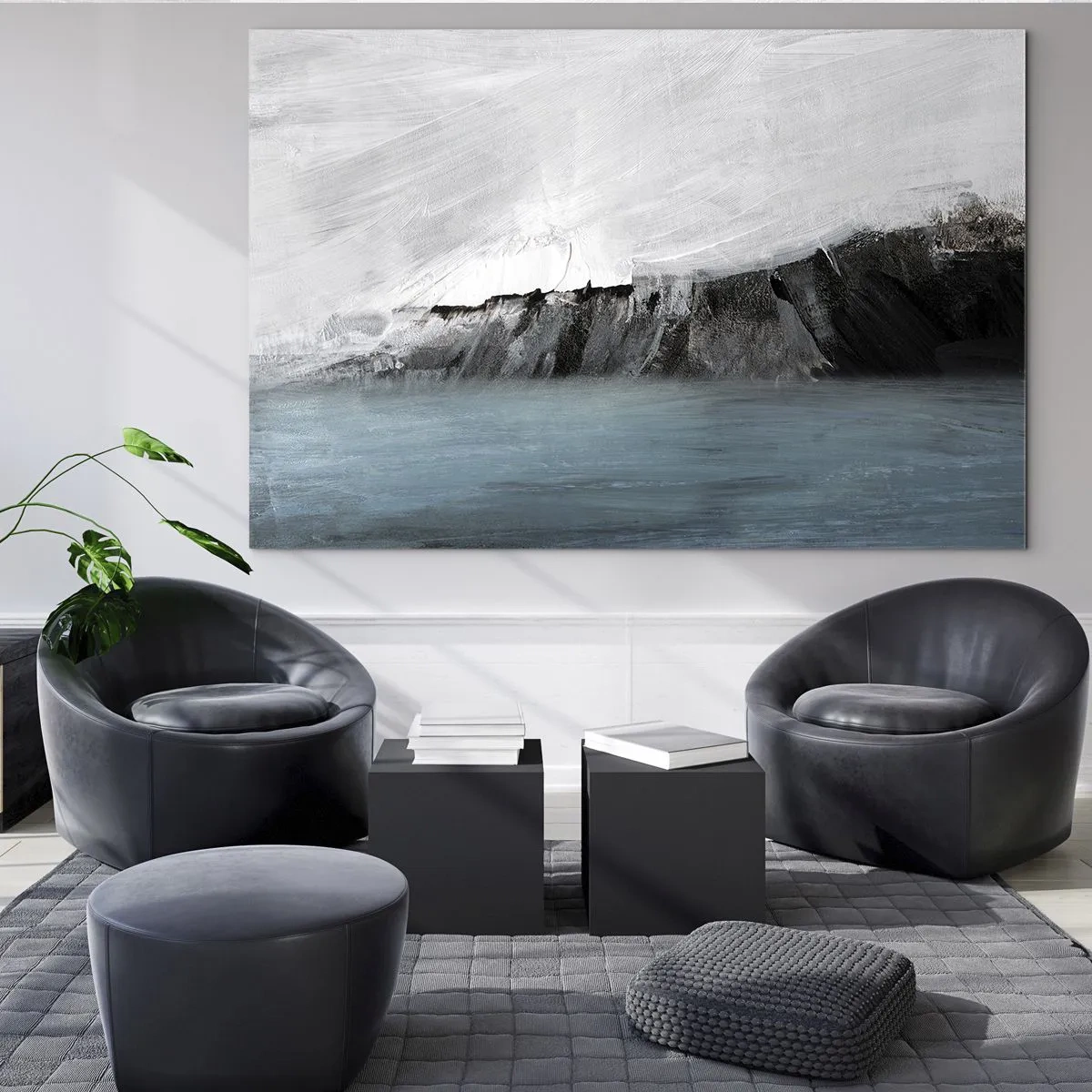 Obraz na skle - Abstraktná kompozícia v odtieňoch modrej, bielej a čiernej - 70x50cm - Voda – zem: stret živlov - Moderná nástenná dekorácia do obývacej izby a spálne ARTTOR
