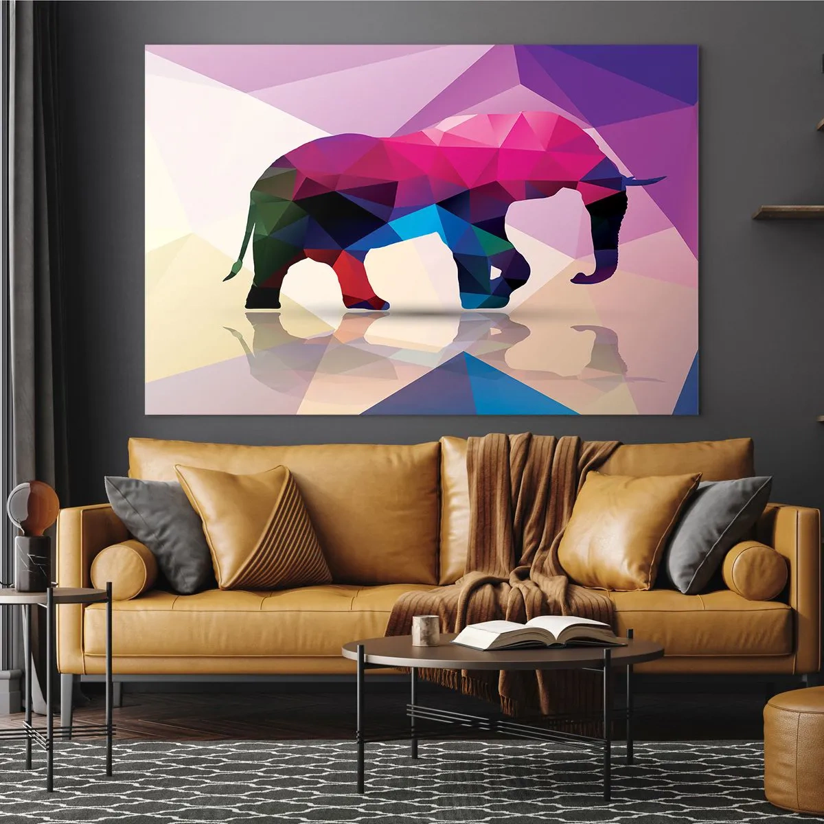 Obraz na skle - Geometrický slon v žiarivej farebnej abstrakcii - 70x50cm - Krištáľový dinosaurus - Moderná nástenná dekorácia do obývacej izby a spálne ARTTOR