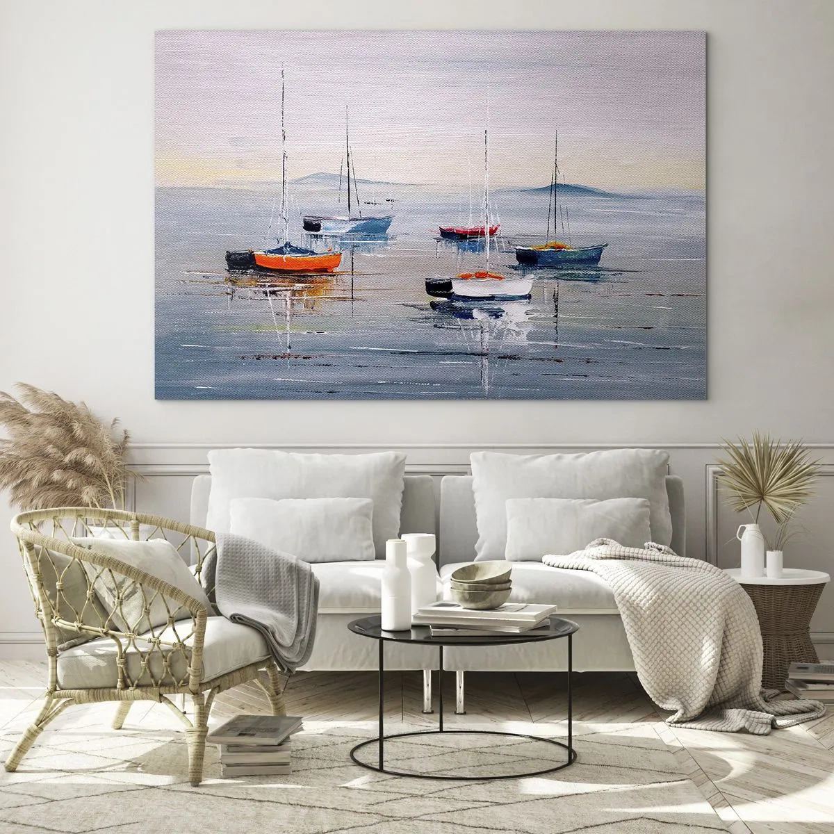 Obraz na skle - Farebné lode unášané pokojnou vodou pri západe slnka - 70x50cm - Zaslúžený odpočinok - Moderná nástenná dekorácia do obývacej izby a spálne ARTTOR