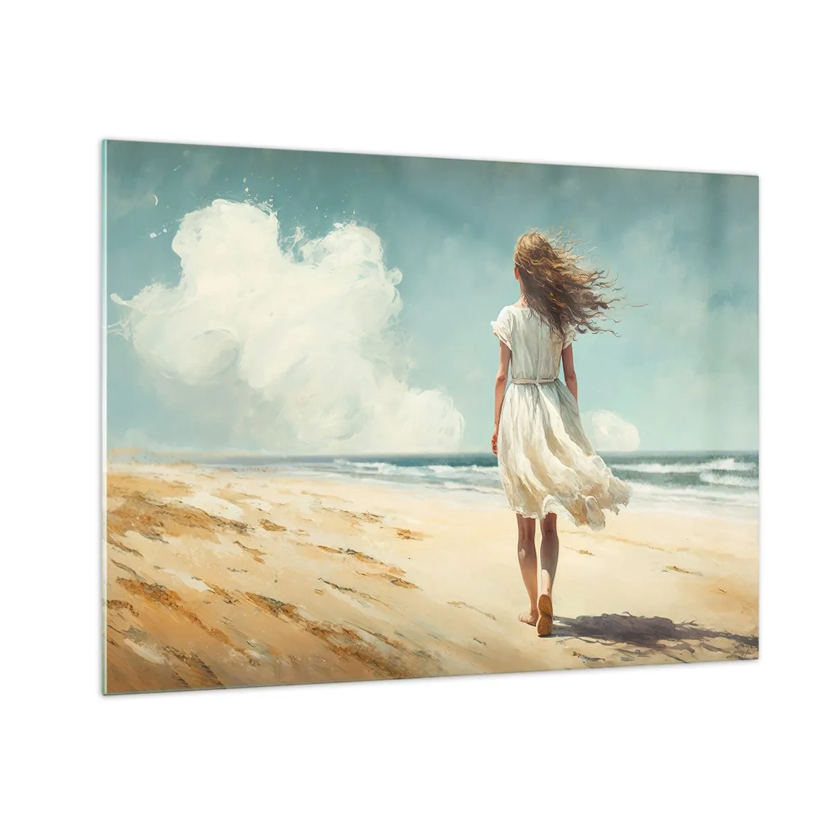 Obraz na skle - Žena v bielych šatách kráčajúca bosá po slnečnej pláži - 70x50cm - Smerom ku slnku a vetru - Moderná nástenná dekorácia do obývacej izby a spálne ARTTOR