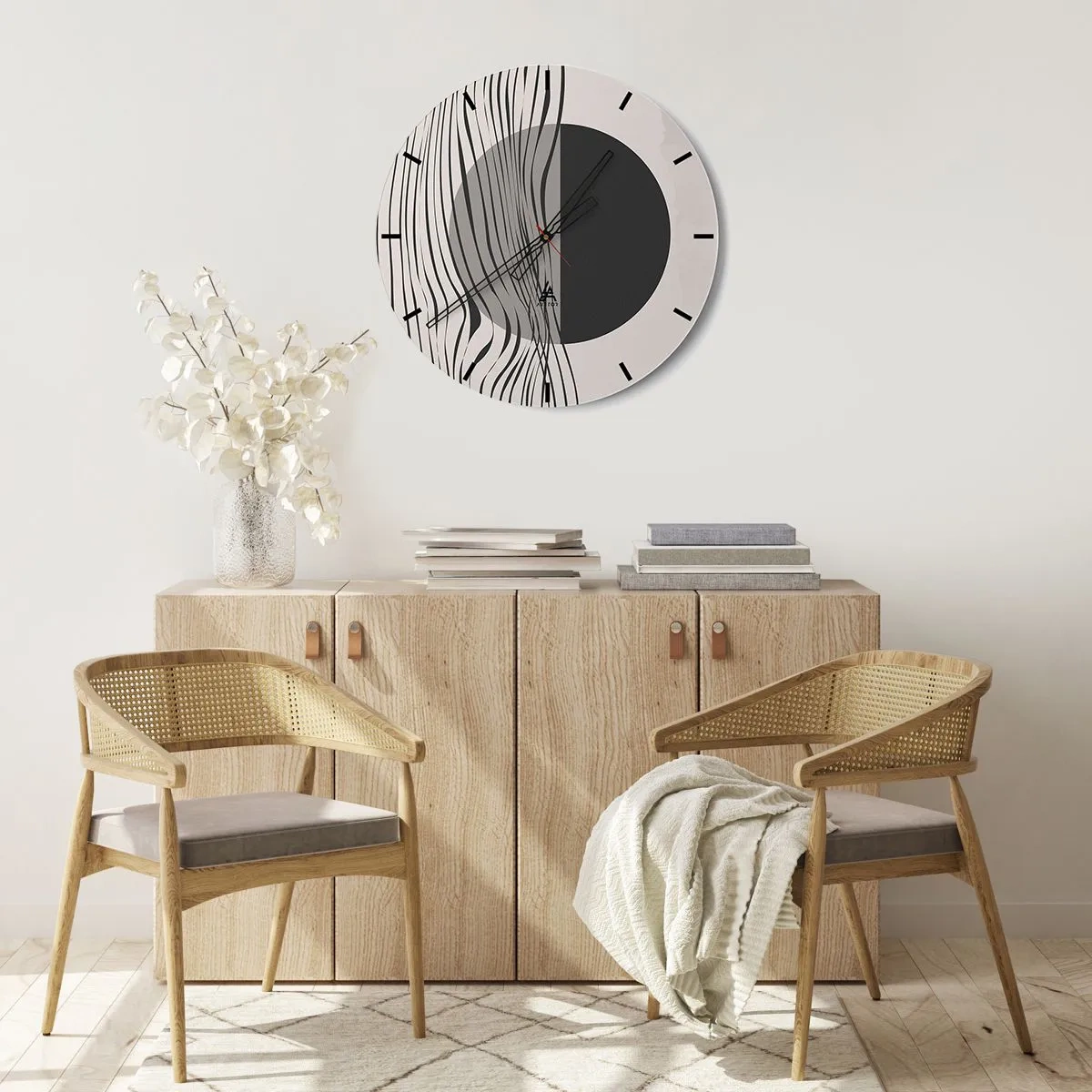 Nástenné hodiny - Abstraktná kompozícia s vlnami a kruhom - 30x30cm - Polovičná kompozícia - Moderná nástenná dekorácia do obývacej izby, kuchyne a spálne ARTTOR