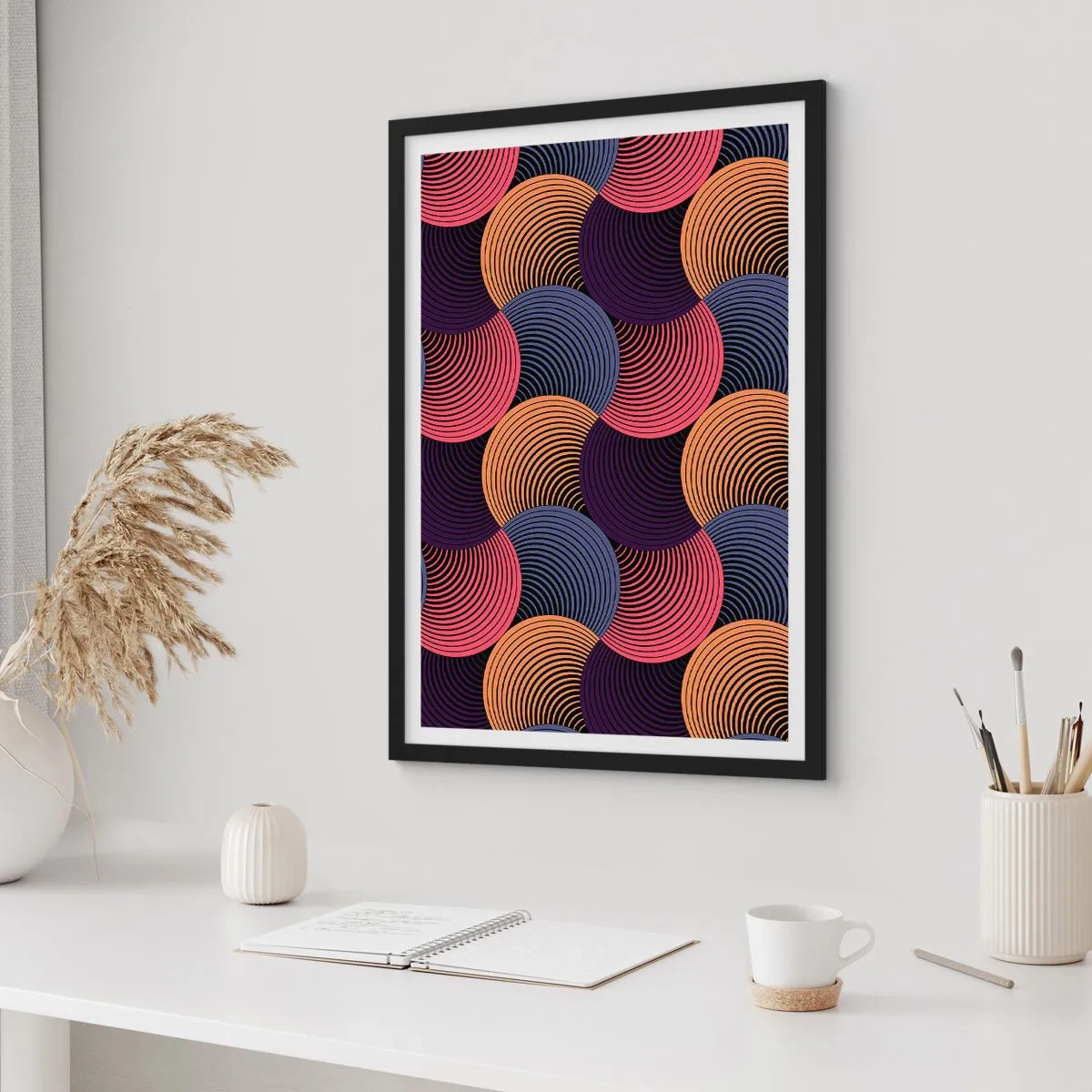 Plagát v čiernom ráme - Geometrický vzor s farebnými sústrednými kruhmi - 50x70cm - V kruhovom rytme - Moderná nástenná dekorácia do obývacej izby a spálne ARTTOR
