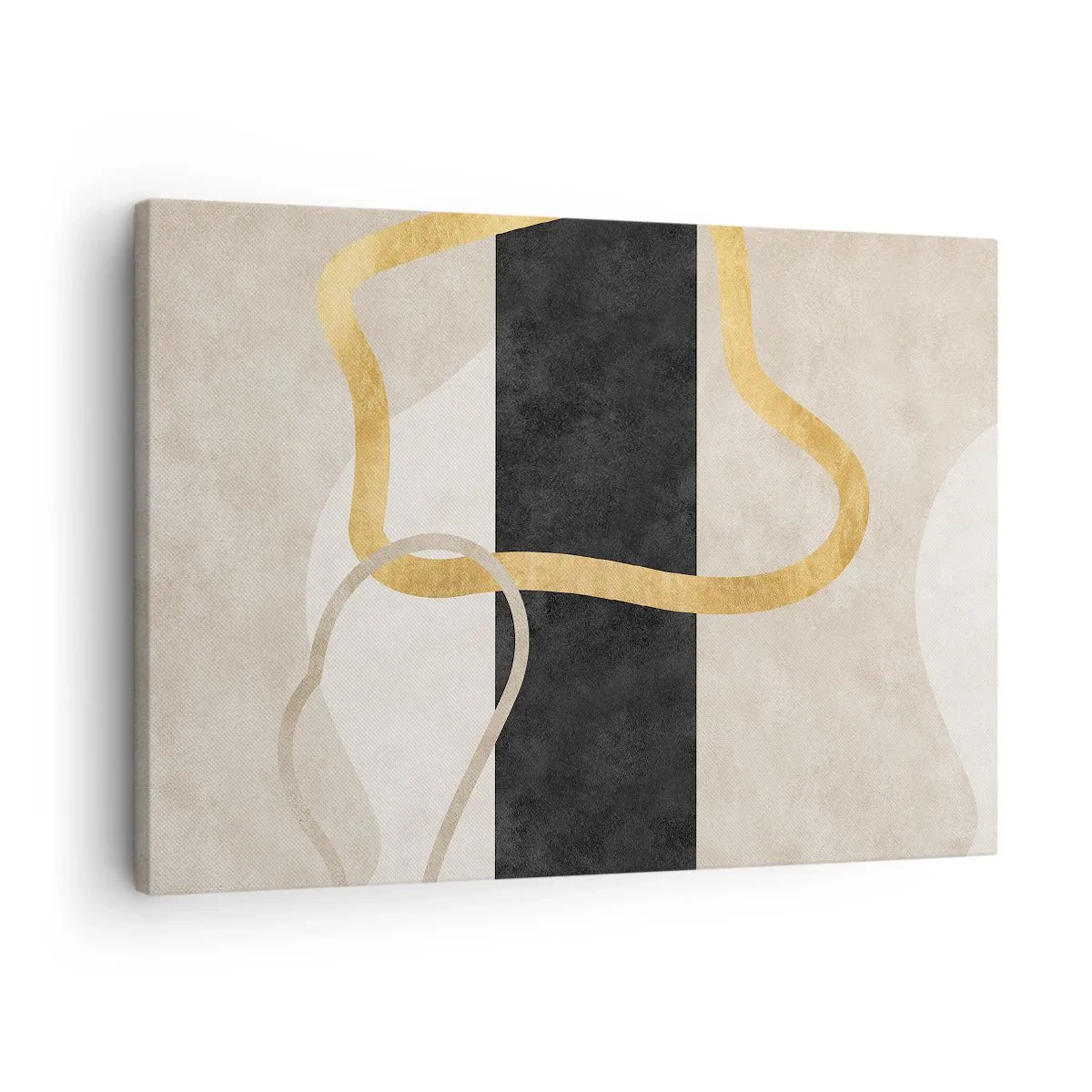 Obraz na plátne - Minimalistický dizajn so slučkovými tvarmi v zlatej a čiernej farbe. - 70x50cm - Tvary v slučke - Moderná nástenná dekorácia do obývacej izby a spálne ARTTOR