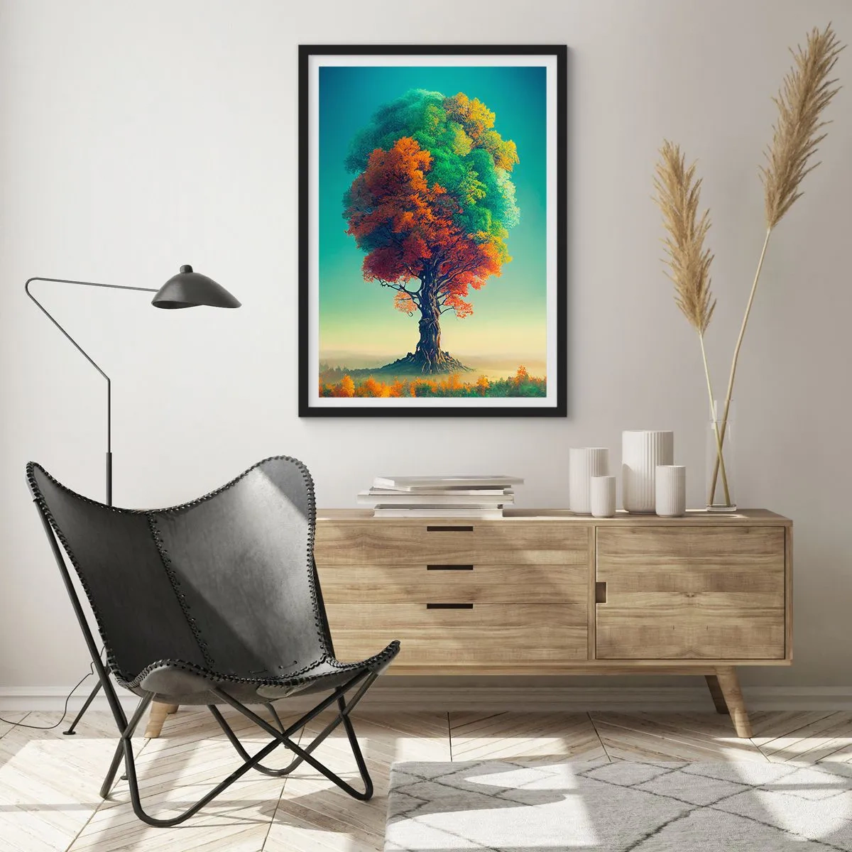 Plagát v čiernom ráme - Strom vo farbách štyroch ročných období - 50x70cm - Dub – otec prírody - Moderná nástenná dekorácia do obývacej izby a spálne ARTTOR