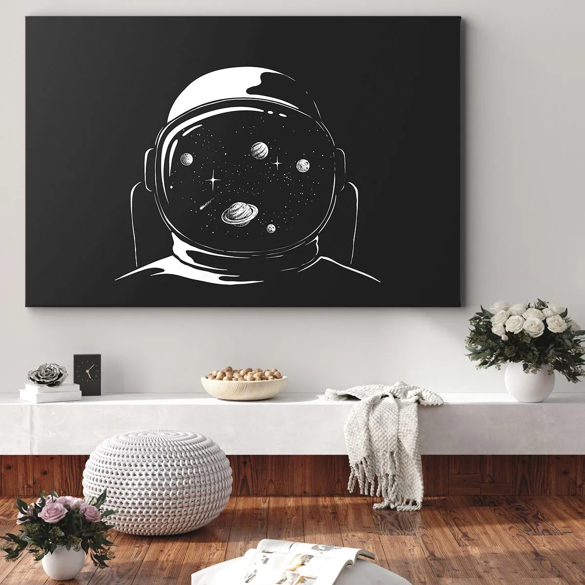 Obraz na plátne - Minimalistická astronautická prilba s výhľadom na vesmír - 70x50cm - Skvelý výhľad - Moderná nástenná dekorácia do obývacej izby a spálne ARTTOR