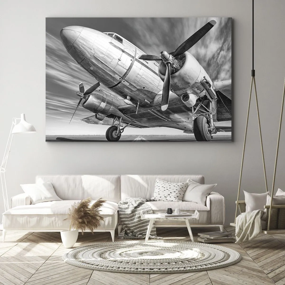Obraz na plátne - Čiernobiely obrázok klasického lietadla s viditeľnými štrukturálnymi detailmi. - 70x50cm - Vždy pripravený na let - Moderná nástenná dekorácia do obývacej izby a spálne ARTTOR