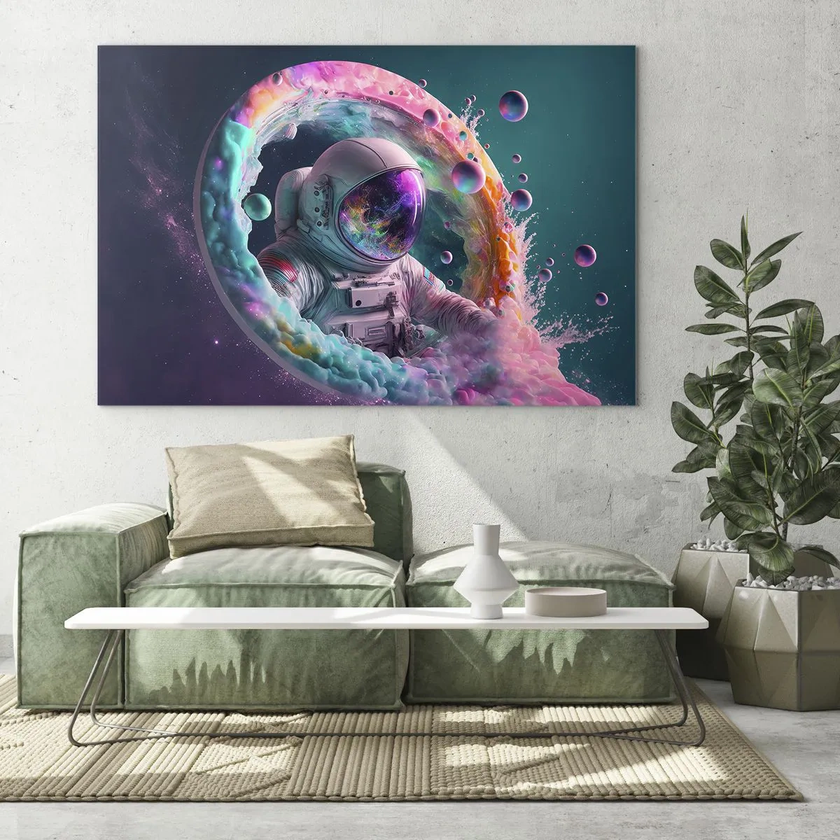 Obraz na skle - Astronaut v farebnom vesmíre - 70x50cm - Hviezdna brána - Moderná nástenná dekorácia do obývacej izby a spálne ARTTOR