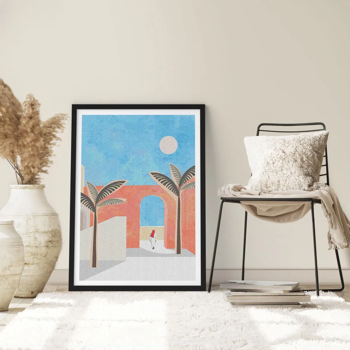 Plagát v čiernom ráme - Minimalistická scenéria s palmami a oblúkom - 50x70cm - Arabský deň - Moderná nástenná dekorácia do obývacej izby a spálne ARTTOR