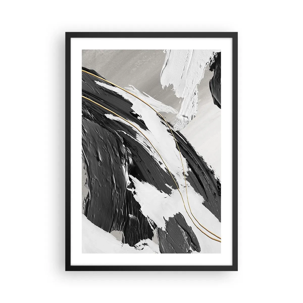 Plagát v čiernom ráme - Abstraktné ťahy štetcom v čiernej, bielej a zlatej farbe - 50x70cm - Veľkorysá abstrakcia - Moderná nástenná dekorácia do obývacej izby a spálne ARTTOR