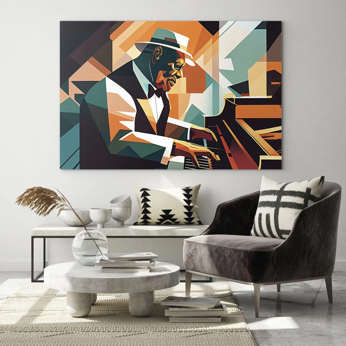 Obraz na skle - Farebný portrét klaviristu hrajúceho v jazzovom štýle - 70x50cm - Celý tento jazz - Moderná nástenná dekorácia do obývacej izby a spálne ARTTOR