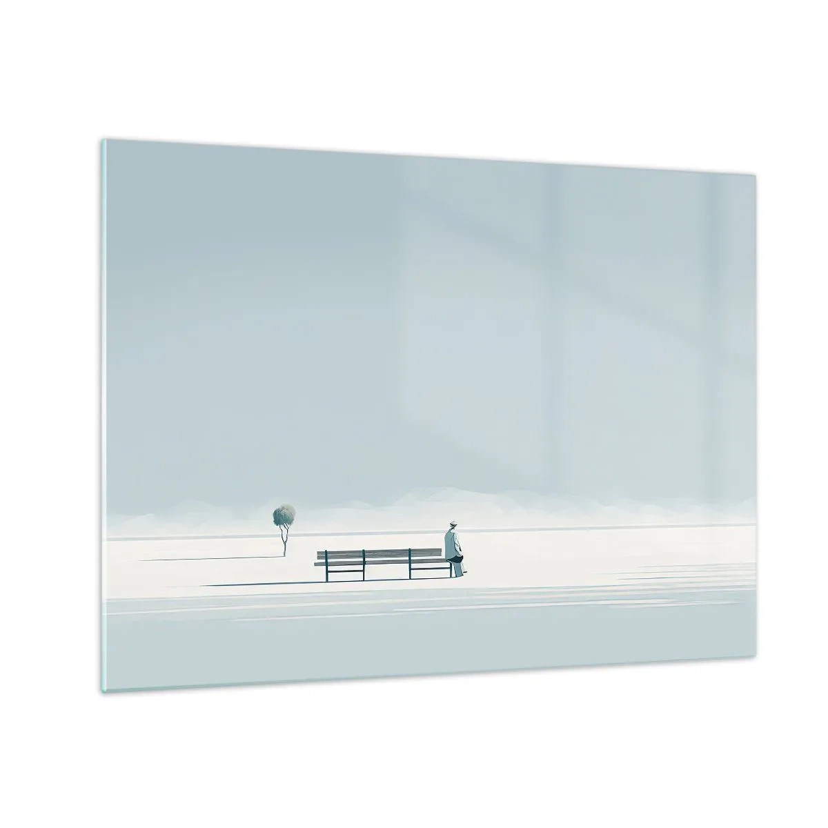 Obraz na skle - Postava na lavičke v minimalistickej krajine - 70x50cm - Áno, čakám. - Moderná nástenná dekorácia do obývacej izby a spálne ARTTOR