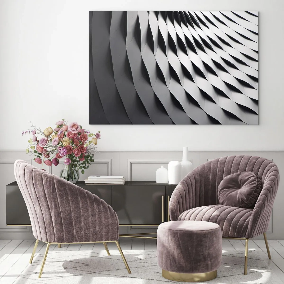 Obraz na skle - Abstraktná čiernobiela štruktúra pripomínajúca vlnité tvary. - 70x50cm - Na hladine vĺn - Moderná nástenná dekorácia do obývacej izby a spálne ARTTOR