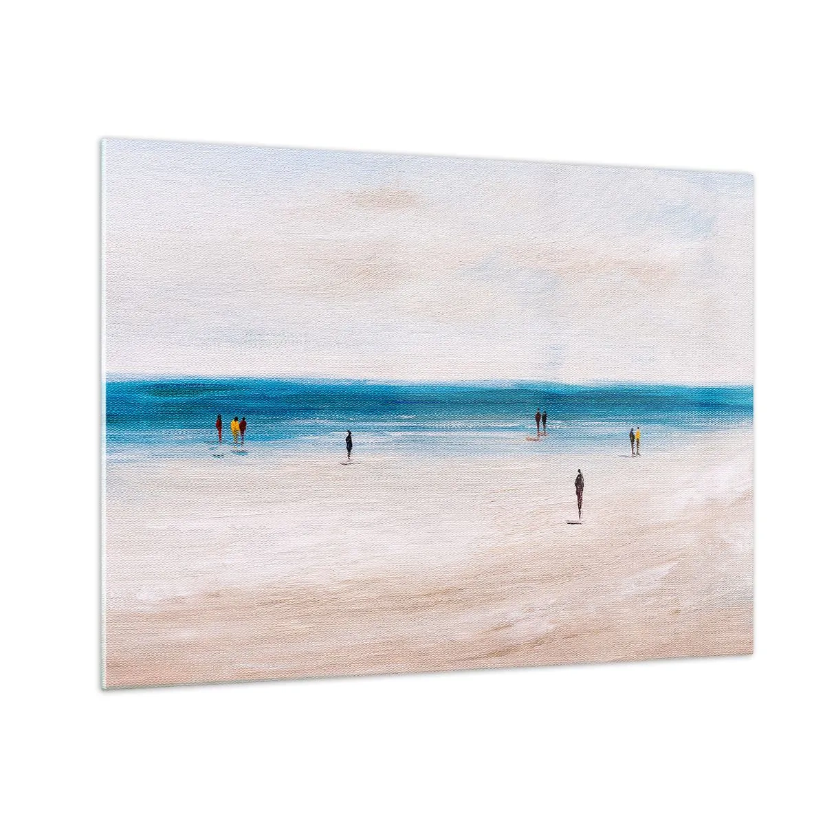 Obraz na skle - Tichá pláž so siluetami ľudí kráčajúcich pozdĺž morskej línie - 70x50cm - Prirodzená potreba - Moderná nástenná dekorácia do obývacej izby a spálne ARTTOR