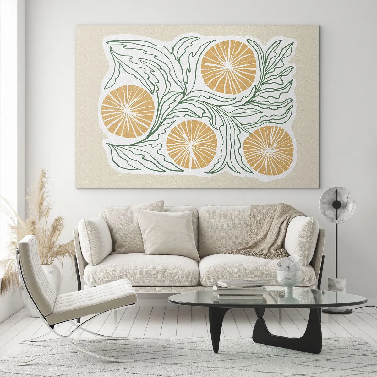 Obraz na skle - Oranžové ovocie a zelené listy v grafickej kompozícii - 70x50cm - Etnicky s abstraktným nádychom - Moderná nástenná dekorácia do obývacej izby a spálne ARTTOR
