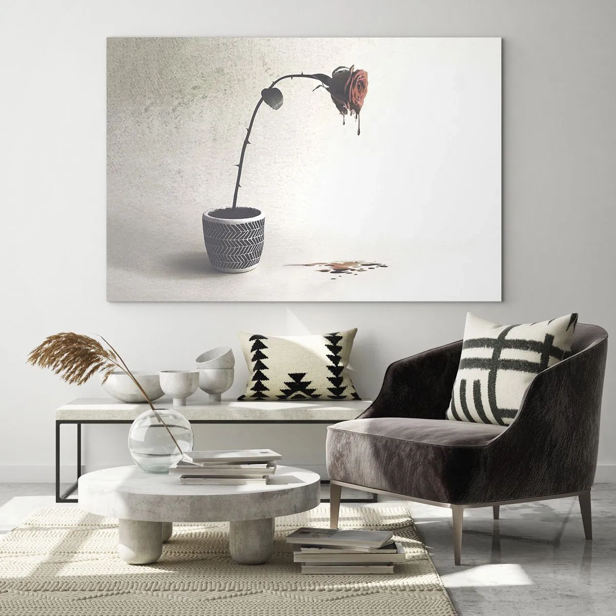 Obraz na skle - Symbolická ruža v kvetináči s kvapkajúcou farbou - 70x50cm - Rosa dolorosa - Moderná nástenná dekorácia do obývacej izby a spálne ARTTOR