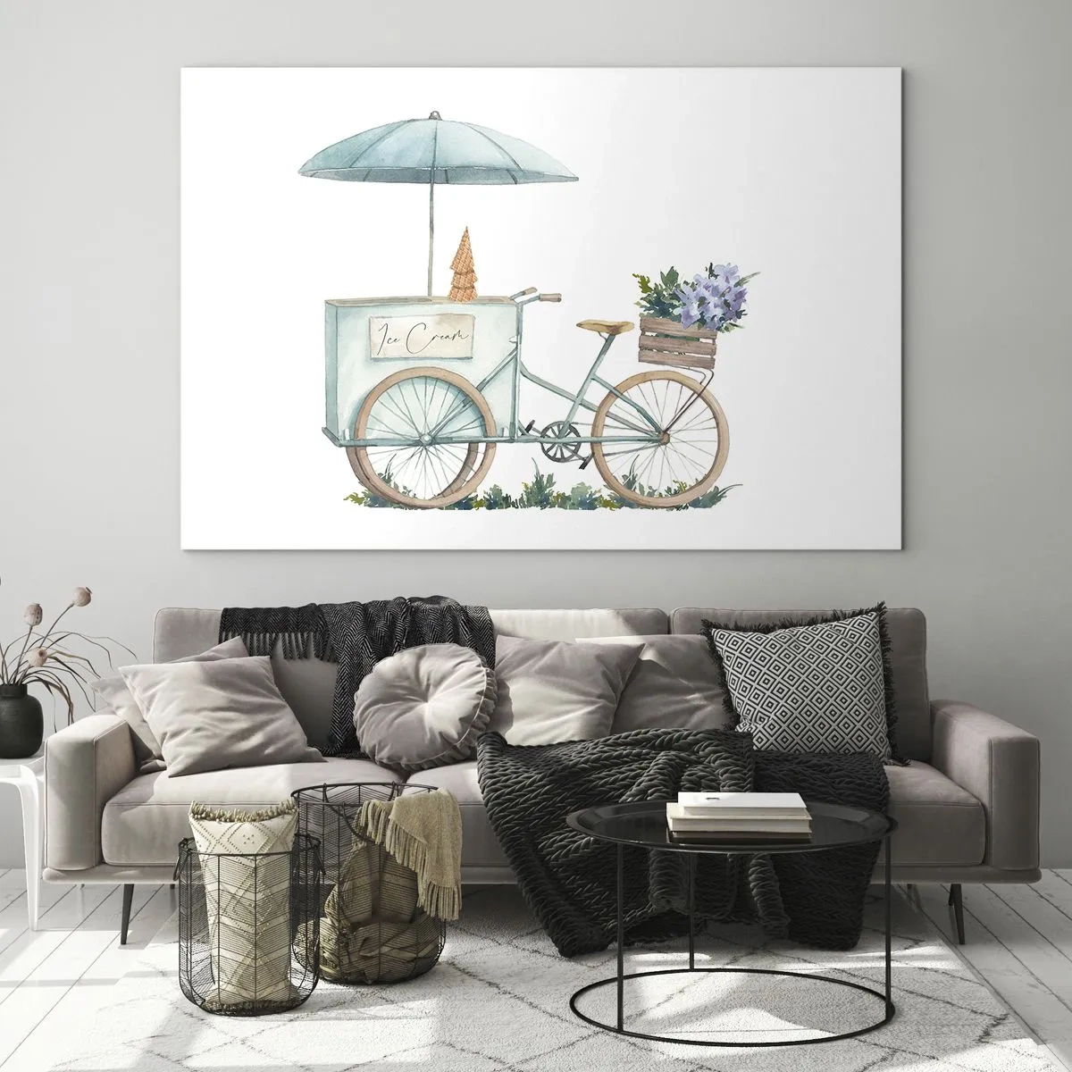 Obraz na skle - Bicykel so zmrzlinou a pastelovými kvetmi - 70x50cm - Sladká spomienka na leto - Moderná nástenná dekorácia do obývacej izby a spálne ARTTOR