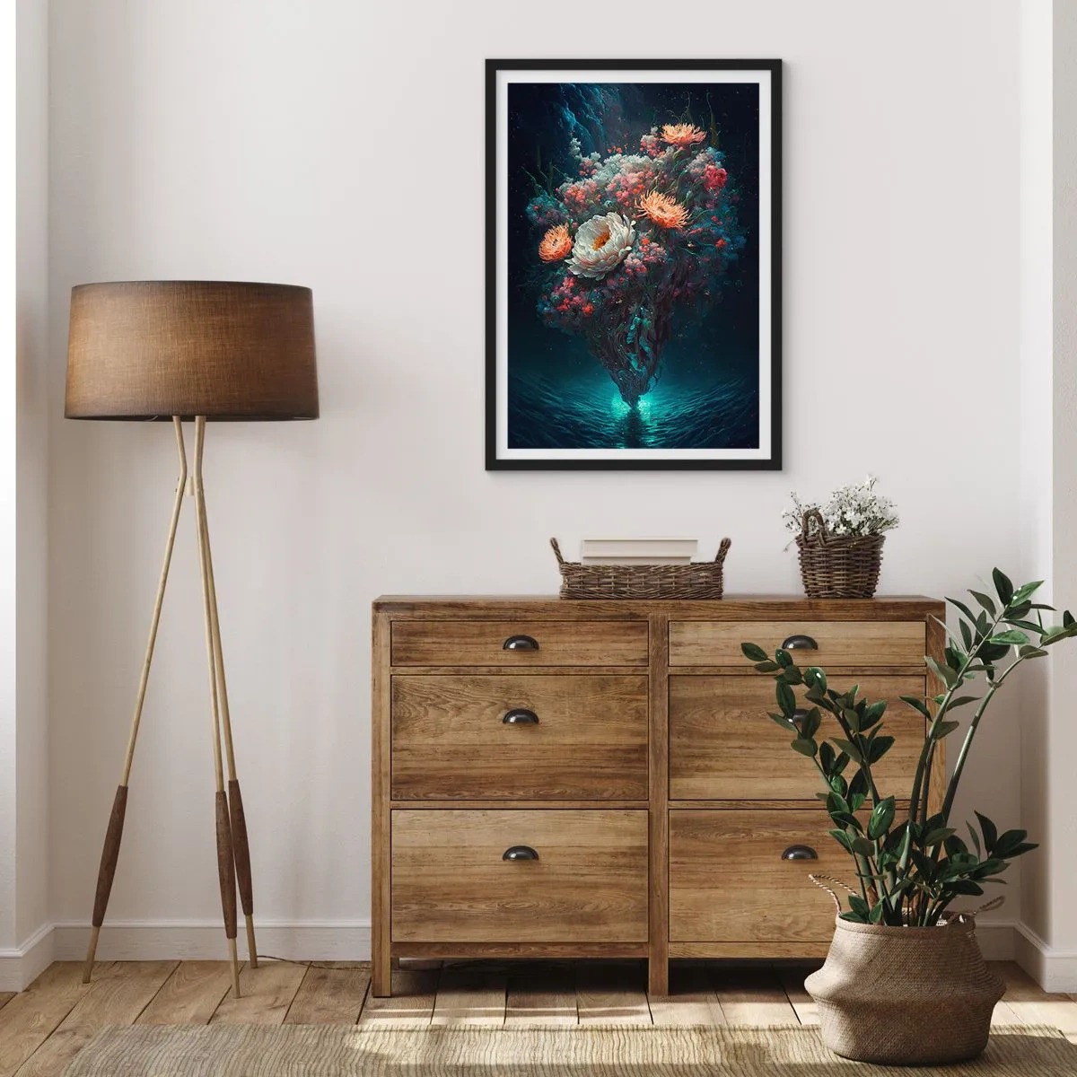 Plagát v čiernom ráme - Magické aranžmán kvetov plávajúcich nad vodou - 50x70cm - Podivná záhrada - Moderná nástenná dekorácia do obývacej izby a spálne ARTTOR