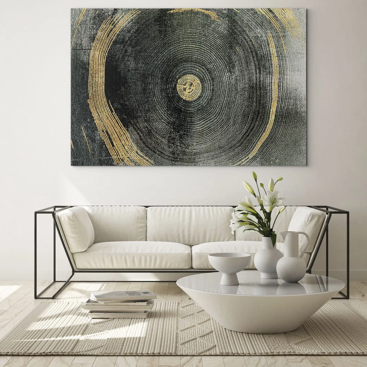 Obraz na skle - Prierez kmeňa stromu s detailmi a zlatými akcentmi - 70x50cm - Zmena a trvanie - Moderná nástenná dekorácia do obývacej izby a spálne ARTTOR