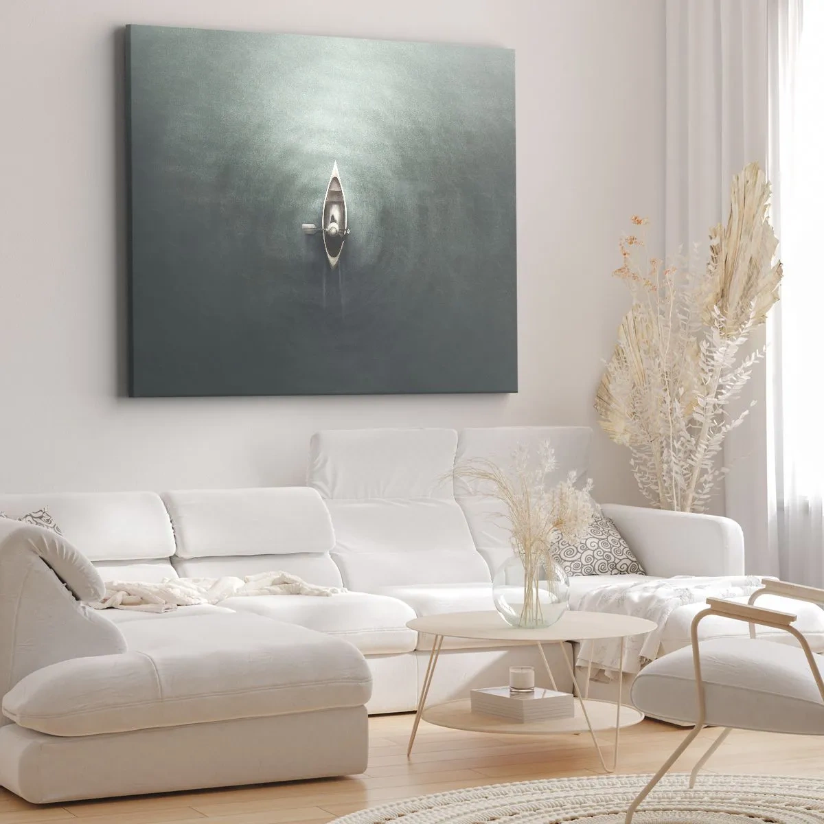 Obraz na plátne - Osamelá loď na pokojnej vode v minimalistickom prostredí - 70x50cm - Cez mesačné jazero - Moderná nástenná dekorácia do obývacej izby a spálne ARTTOR