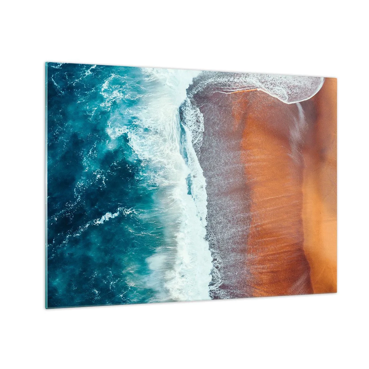 Obraz na skle - Letecký pohľad na hladinu oceánu a pobrežie pláže - 70x50cm - Dotyk oceánu - Moderná nástenná dekorácia do obývacej izby a spálne ARTTOR