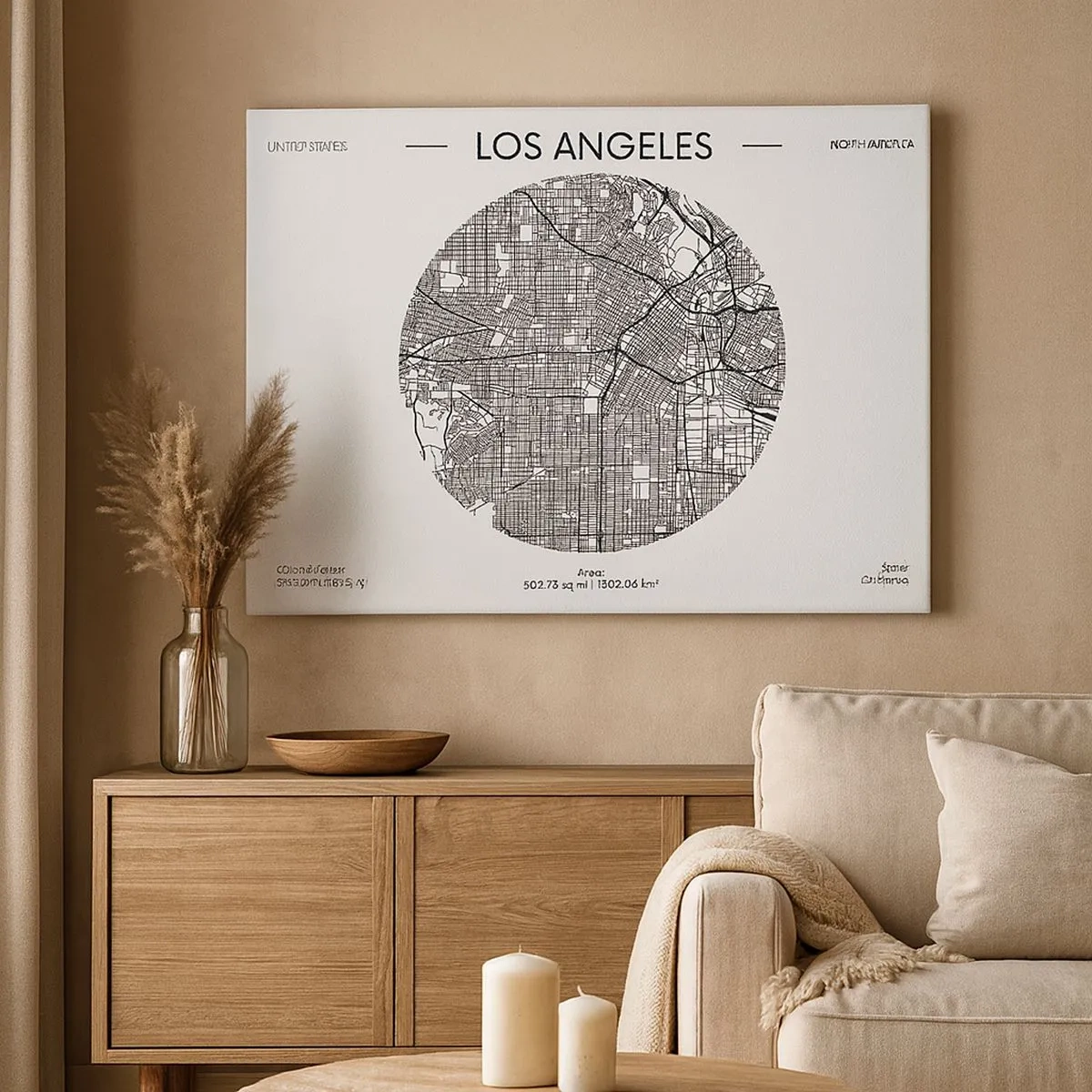 Obraz na plátne - Mapa Los Angeles v minimalistickom čiernobielom štýle - 70x50cm - Anatómia Los Angelesu - Moderná nástenná dekorácia do obývacej izby a spálne ARTTOR