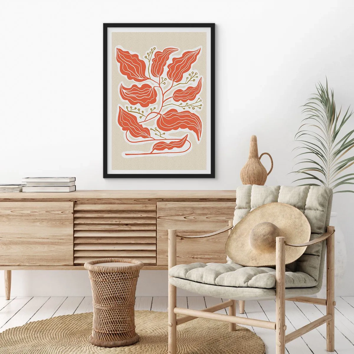 Plagát v čiernom ráme - Abstraktná kompozícia listov v odtieňoch oranžovej a béžovej. - 50x70cm - Ľudovo a koralovo - Moderná nástenná dekorácia do obývacej izby a spálne ARTTOR