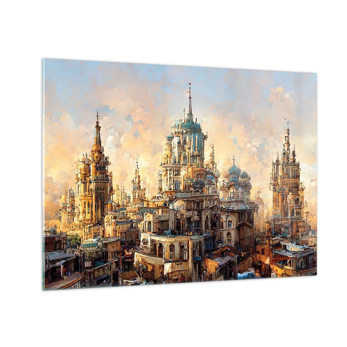 Obraz na skle - Fantastická panoráma mesta s vežami a palácmi - 70x50cm - Mesto miest - Moderná nástenná dekorácia do obývacej izby a spálne ARTTOR