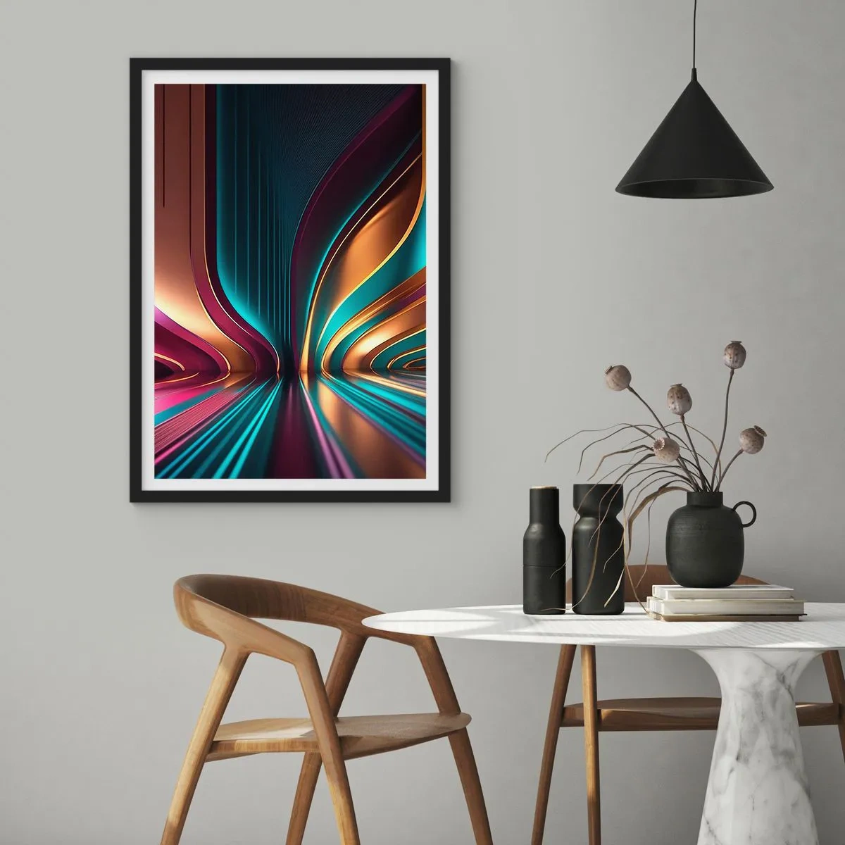 Plagát v čiernom ráme - Futuristická abstrakcia v zlatých a tyrkysových farbách - 50x70cm - Architektúra svetla - Moderná nástenná dekorácia do obývacej izby a spálne ARTTOR