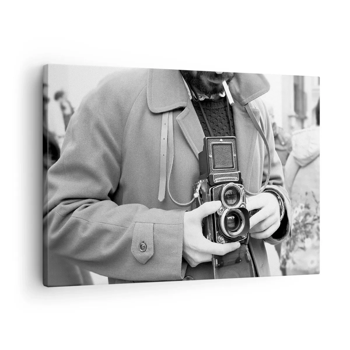 Obraz na plátne - Čiernobiela fotografia muža s retro fotoaparátom - 70x50cm - V retro štýle - Moderná nástenná dekorácia do obývacej izby a spálne ARTTOR