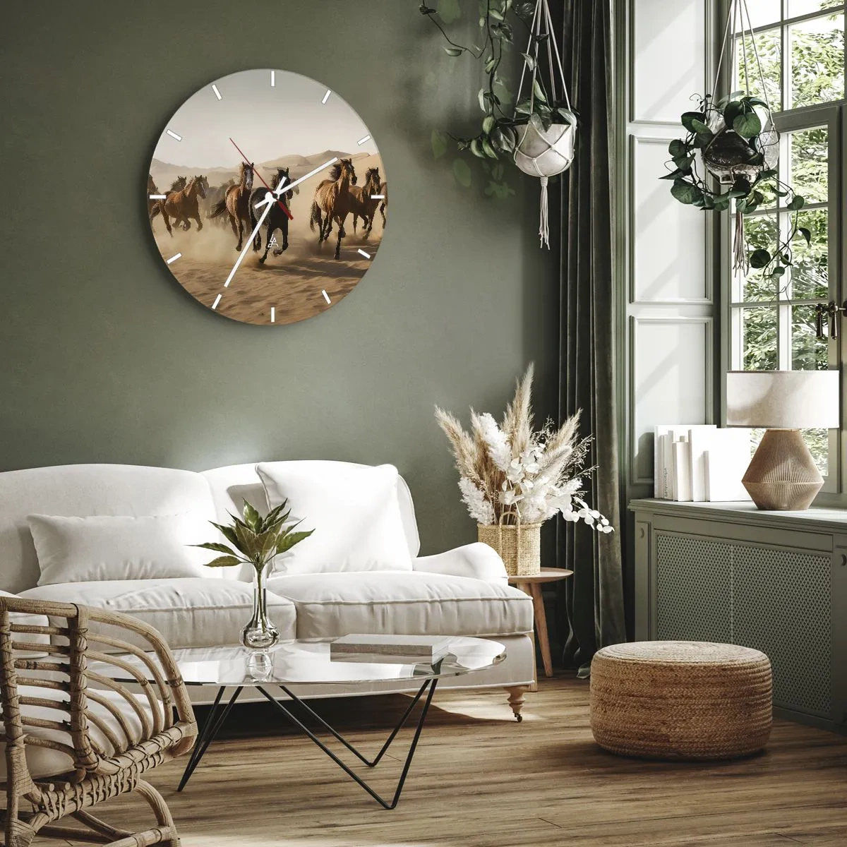 Nástenné hodiny - Cválajúce kone na pozadí púštnych dún - 30x30cm - Voľné ako vietor - Moderná nástenná dekorácia do obývacej izby, kuchyne a spálne ARTTOR