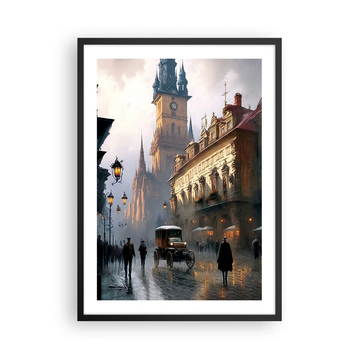 Plagát v čiernom ráme - Historické mesto za súmraku s historickým vozidlom - 50x70cm - Kúzlo pražského večera - Moderná nástenná dekorácia do obývacej izby a spálne ARTTOR
