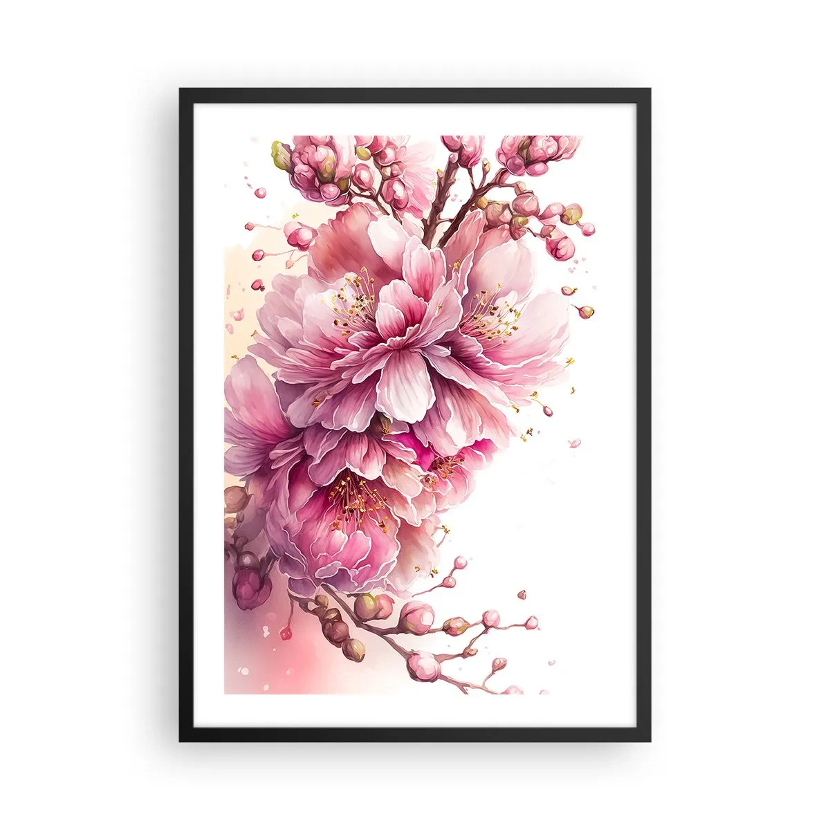 Plagát v čiernom ráme - Jemné ružové čerešňové kvety v plnom kvete na svetlom pozadí - 50x70cm - Kvet kvitnúcej čerešne - Moderná nástenná dekorácia do obývacej izby a spálne ARTTOR