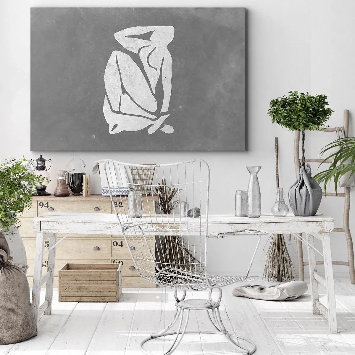 Obraz na plátne - Minimalistická silueta kresby na sivom pozadí - 70x50cm - V zádumčivosti - Moderná nástenná dekorácia do obývacej izby a spálne ARTTOR