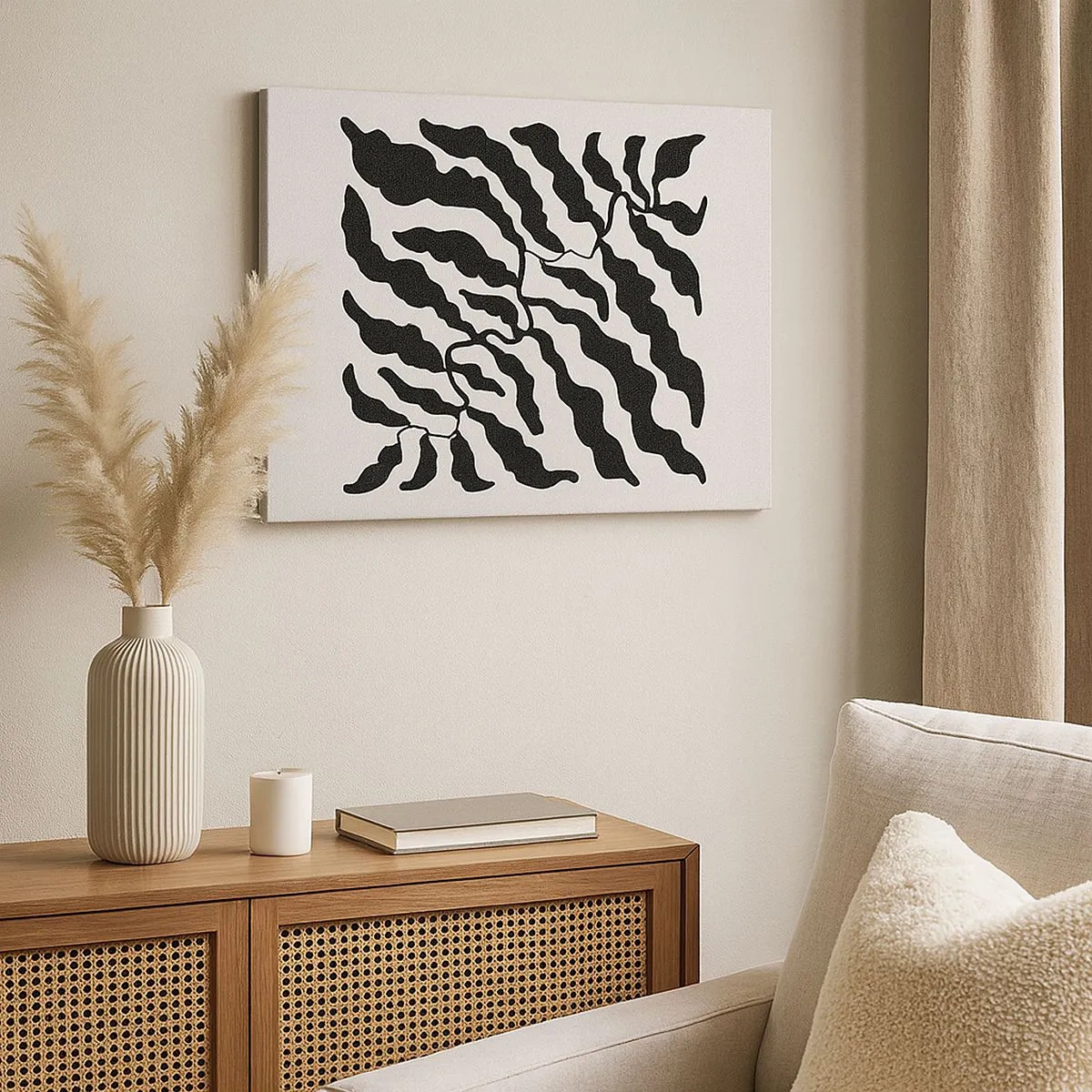 Obraz na plátne - Vetvičky s čiernymi listami na svetlom pozadí - 70x50cm - Povaha štvorca - Moderná nástenná dekorácia do obývacej izby a spálne ARTTOR