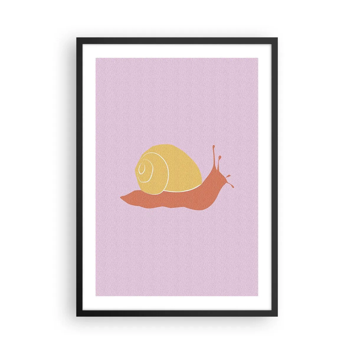 Plagát v čiernom ráme - Minimalistická grafika slimáka na pastelovom pozadí - 50x70cm - Nie je kam sa ponáhľať - Moderná nástenná dekorácia do obývacej izby a spálne ARTTOR