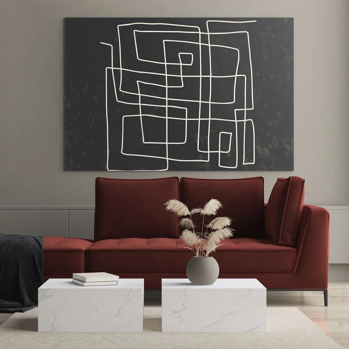 Obraz na skle - Geometrická abstrakcia s bielymi čiarami na čiernom pozadí - 70x50cm - Nie je to tak jednoduché - Moderná nástenná dekorácia do obývacej izby a spálne ARTTOR