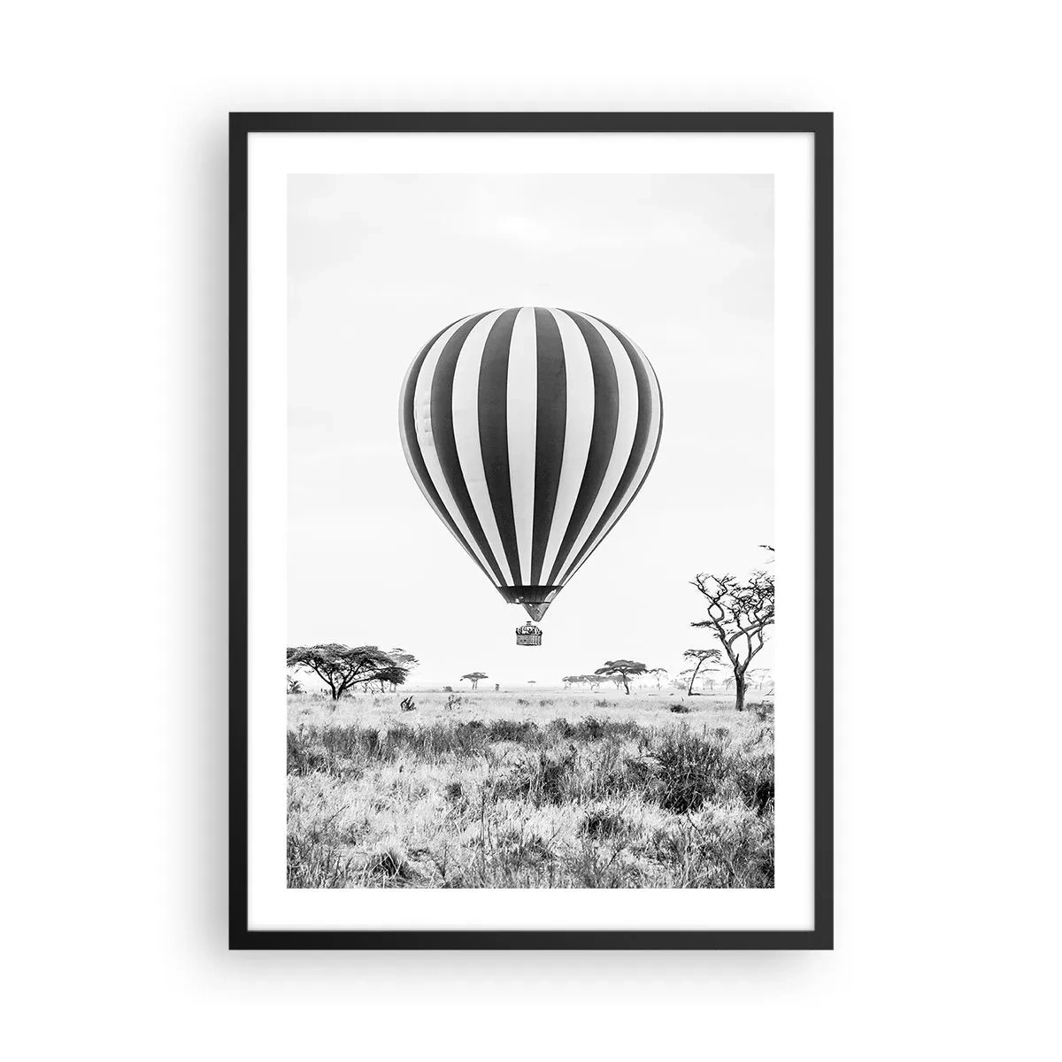 Plagát v čiernom ráme - Teplovzdušný balón vznášajúci sa nad savanou v čiernobielej farbe. - 50x70cm - Nad savanou - Moderná nástenná dekorácia do obývacej izby a spálne ARTTOR