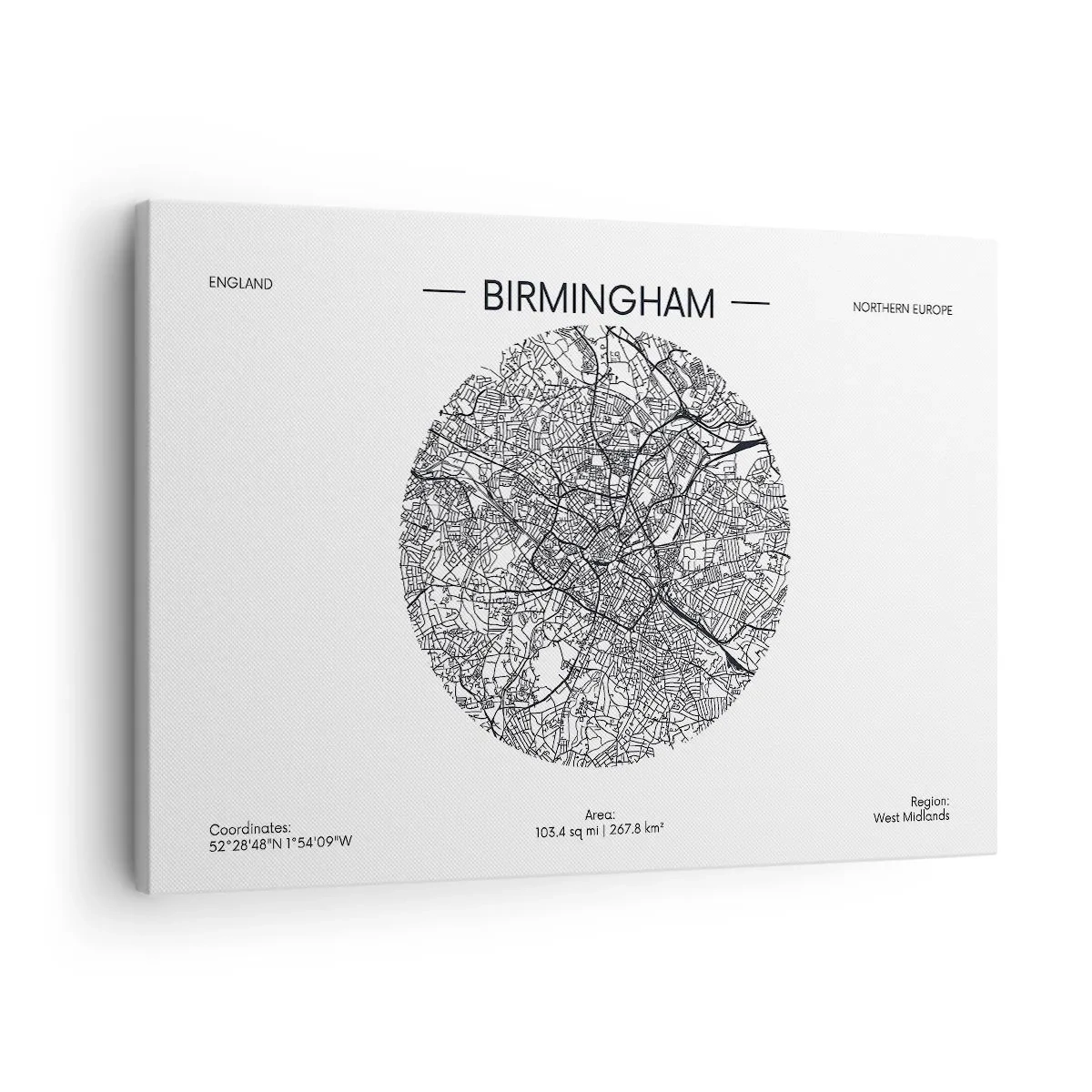 Obraz na plátne - Minimalistická čiernobiela mapa Birminghamu s presnými detailmi. - 70x50cm - Anatómia Birminghamu - Moderná nástenná dekorácia do obývacej izby a spálne ARTTOR