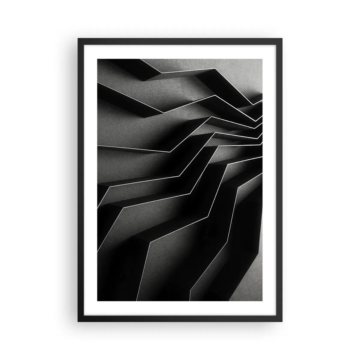Plagát v čiernom ráme - Čiernobiela kompozícia geometrických, priestorových štruktúr - 50x70cm - Priestorový poriadok - Moderná nástenná dekorácia do obývacej izby a spálne ARTTOR